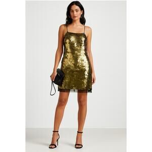 Banana Republic NWT Women XL Mini Sequin Dress Gold Mesh Hem Muted Party Event